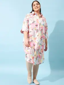 Athena Ample Plus Size Conversational Printed Linen Shirt Midi Dress