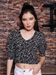 Sera Black Floral Print V-Neck Puff Sleeves Crop Top