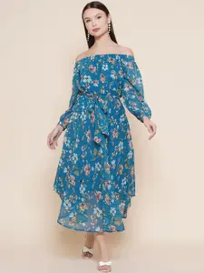 VESTIDO MODAS Floral Printed Off-Shoulder Puff Sleeves Fit & Flare Dress