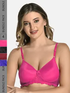 StyFun Pack Of 4 Lace Lightly Padded Full Coverage Cotton Everyday Bra All Day Comfort