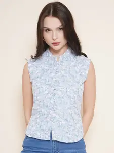 VESTIDO MODAS Floral Printed Mandarin Collar Georgette Shirt Style Top