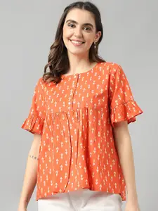 KALINI Conversational Printed Flared Sleeves Cotton A-Line Top