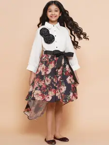 Modish Couture Girls Floral Printed Shirt Collar Applique Cotton Fit & Flare Dress