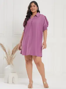 CURVE BY KASSUALLY Mauve Shirt Collar Puff Sleeves Smocked A-Line Dress