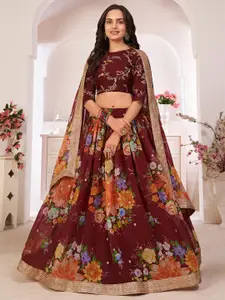ODETTE Floral Printed & Sequinned Semi-Stitched Lehenga & Unstitched Blouse With Dupatta