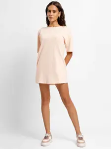 NOBERO Round Neck Drop Shoulder Cotton T-shirt Mini Dress