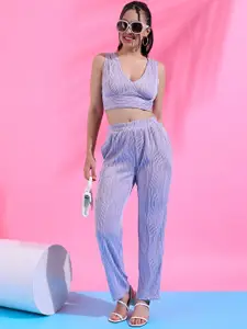 Campus Sutra Lavender Self Design Crop Top With Trouser