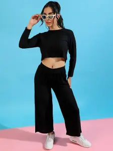 Campus Sutra Ribbed Long Sleeves Crop Top & Trouser