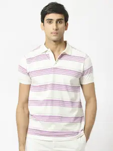 RARE RABBIT Striped Slim Fit Polo Collar Casual Cotton T-shirt
