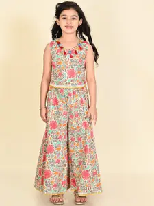 LIL PITAARA Girls Floral Embroidered Gotta Patti Pure Cotton Regular Top with Palazzos