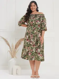 CURVE BY KASSUALLY Plus Size Nude & Green Tropical Printed Fit & Flare Midi Dress