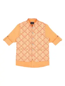 CAVIO Boys Printed Pure Cotton Mandarin Collar Slim Fit Nehru Jacket With Shirt