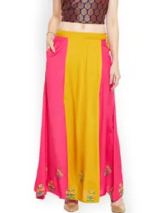Bitterlime Women Mustard Yellow & Pink Block Print A-Line Skirt