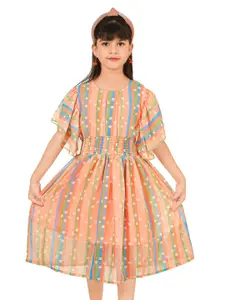 BAESD Girls Geometric Printed Flared Sleeves Smocked Georgette Fit & Flare Midi Dress
