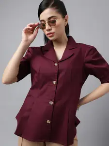 Hancock Women Burgundy Solid Pure Cotton Regular Fit Pleated Formal Shirt