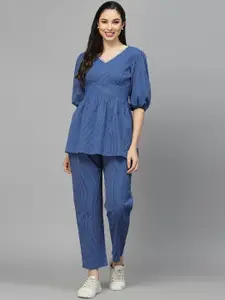 Stylum Blue Striped Pure Cotton Top And Trousers