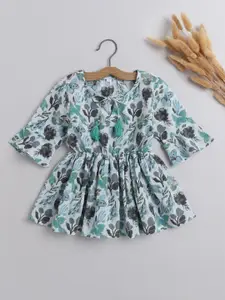 The Magic Wand Girls Floral Printed Bell Sleeve Pure Cotton Cinched Waist Top