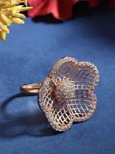 AMI Rose Gold-Plated Cubic Zirconia-Studded Adjustable Finger Ring