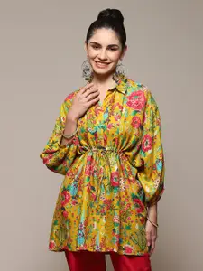 Biba Floral Printed Shirt Collar Puff Sleeves Longline Kaftan Top