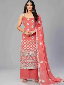 ODETTE Floral Embroidered Mirror Work Semi Stitched Dress Material