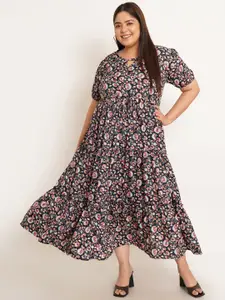 U&F Beyond Plus Size Floral Printed Keyhole Neck Puff Sleeves Fit & Flare Dress