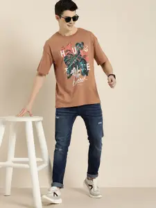 HERE&NOW Men Graphic Printed Drop-Shoulder Sleeves Boxy Pure Cotton T-shirt