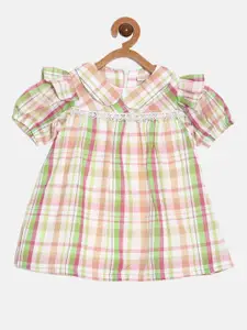 Aomi Infant Girls Checked Peter Pan Collar Puff Sleeves Cotton A-Line Dress