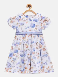 Aomi Girls Floral Printed Peter Pan Collar Puff Sleeves Pleated A-Line Dress