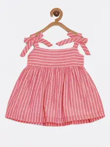 Aomi Girls Striped Shoulder Straps Gathered Pure Cotton Fit & Flare Dress