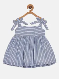 Aomi Girls Striped Shoulder Straps Gathered Pure Cotton Fit & Flare Dress