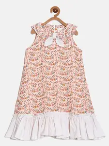 Aomi Girls Floral Printed Round Neck Bow Pure Cotton A-Line Dress