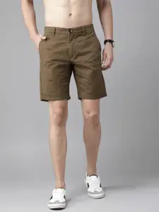 Roadster Men Olive Brown Pure Cotton Printed Regular Shorts