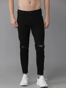 Moda Rapido Men Black Slim Fit Cropped Mid-Rise Slash Knee Stretchable Jeans