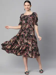 Indibelle Floral Print Puff Sleeve A-Line Midi Dress