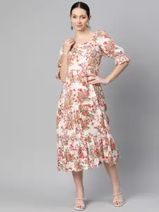 Indibelle Floral Print Puff Sleeve A-Line Midi Dress