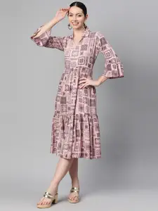 Indibelle Bohemian Print Bell Sleeve A-Line Midi Dress