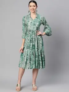 Indibelle Bohemian Print Bell Sleeve A-Line Midi Dress