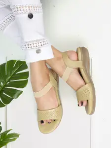 ELLE Textured Open Toe Flats With Backstrap & Laser Cuts