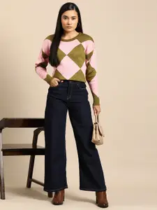 all about you Checked Drop-Shoulder Sleeves Acrylic Pullover