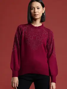 all about you Ethnic Motifs Woven Design Ruffled Neck Peasant Sleeves Pullover