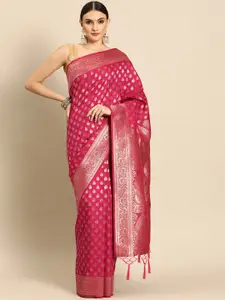 Ishin Fushia Pink Woven Design Ethnic Motifs Zari Banarasi Saree