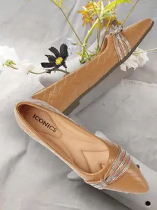 ICONICS Textured Embellished Pointed Toe Ballerinas