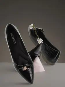 ICONICS Textured Pointed Toe Ballerinas With Bows