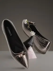 ICONICS Textured Bow Detail Pointed Toe Ballerinas