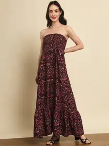 Trend Arrest Floral Printed Smocked Strapless Bow Detail Fit & Flare Dress