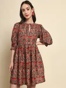 Trend Arrest Floral Printed KeyHole Neck Puff Sleeve Fit & Flare Dress
