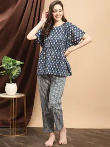 Claura Navy Blue Ethnic Motifs Printed Pure Cotton Night Suit