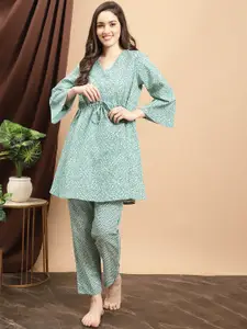 Claura Green Ethnic Motifs Printed Pure Cotton Night Suit