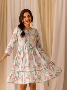 Ishin Blue Floral Printed Tie-Up Neck Embellished Linen A-Line Above Knee Length Dress