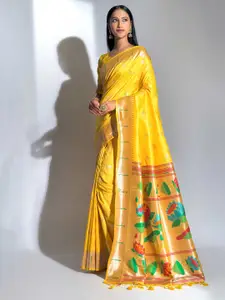 Mitera Yellow & Green Woven Design Zari Paithani Saree